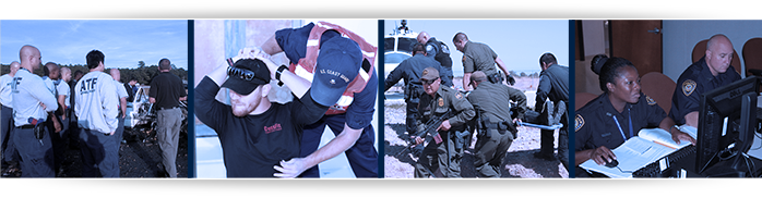 Images courtesy of: ATF, USCG, CBP, and Veterans Affairs. ATF training, U.S. Coast Guard practicing patdown, Border Patrol practicing desert rescue, and Federal Reserve Bank training on computers.
