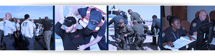 ATF training, U.S. Coast Guard practicing patdown, Border Patrol practicing desert rescue, and Federal Reserve Bank training on computers.