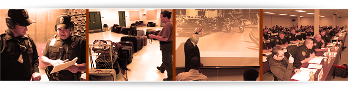 Images courtesy of: FRS, USDA, NCIS, and Veterans Affairs. Federal Reserve Bank firing range, U.S. Department of Agriculture Ag Canine training, Naval Criminal Investigative Service classroom training, and Department of Veterans Affairs classroom training.