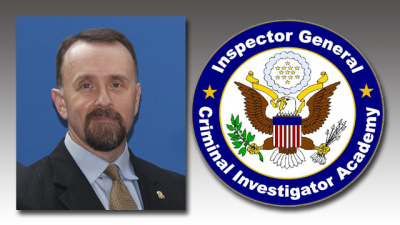 Photo of Robert Ray next to Inspectors General Criminal Investigator Academy seal
