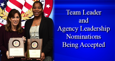 Two ladies holding award with text Team Leader and Agency Leadership Nominations Being Accepted