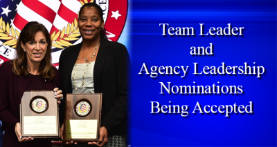 Two ladies holding award with text Team Leader and Agency Leadership Nominations Being Accepted Two ladies holding award with text Team Leader and Agency Leadership Nominations Being Accepted