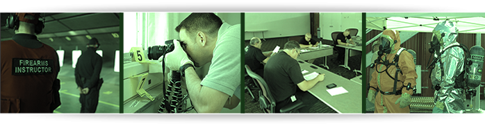 Images courtesy of: FRS, FLETC, and DEA. Federal Reserve Bank firearms training, Federal Law Enforcement Training Center crime scene training, and Drug Enforcement Agency classroom and hazardous materals training.